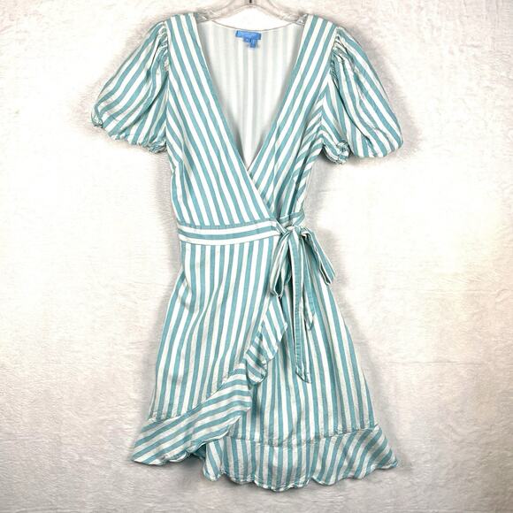 Draper James Womens S Preppy Blue White Stripe Linen Ruffle Wrap Dress Coastal - Picture 1 of 11